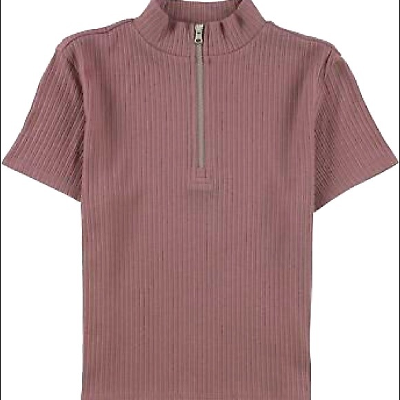 NWT AE Mock Neck Quarter Zip Cropped Tee Short Sleeve Ribbed Sz XS 0 2 - Picture 1 of 4